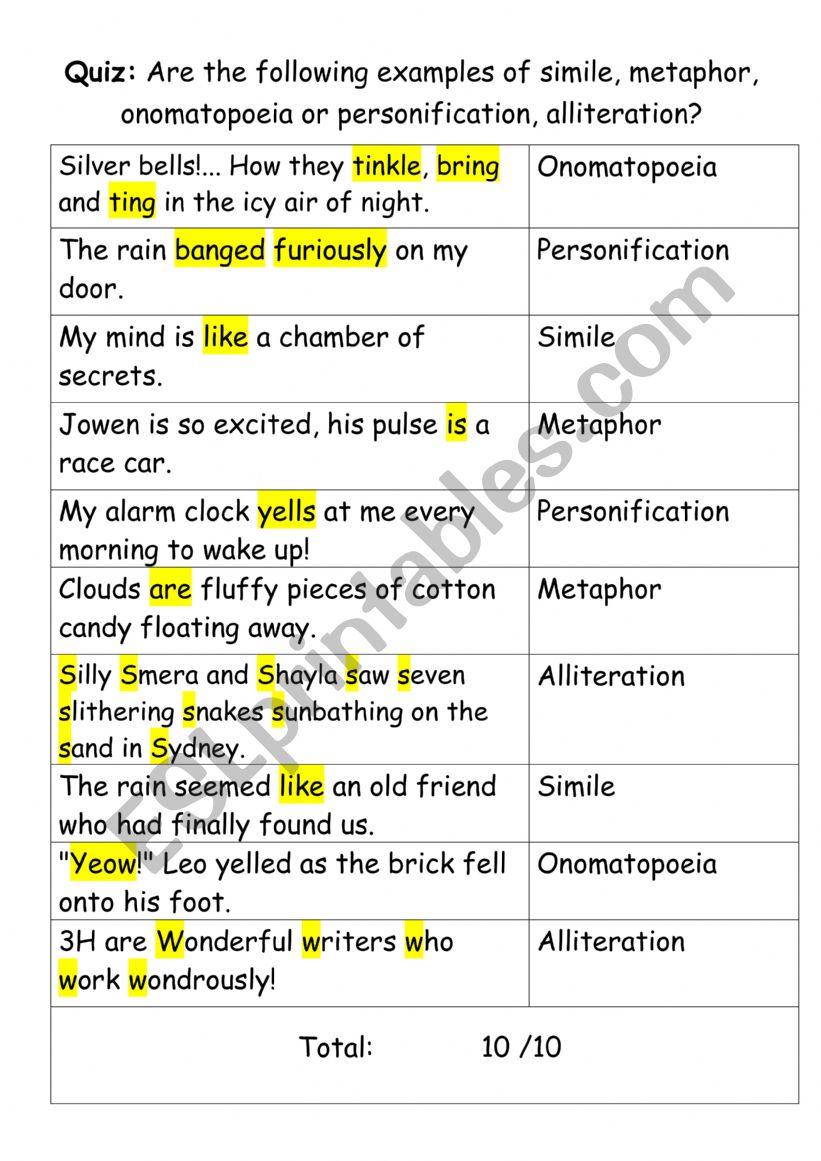 Figurative Language Quiz worksheet