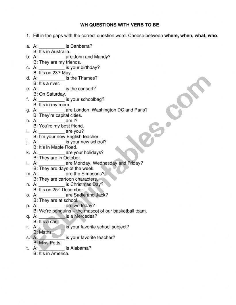 WH questions worksheet