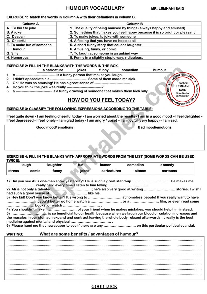 HUMOUR worksheet