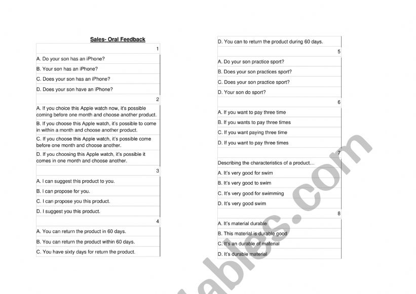 Multiple choice - Common errors when selling (sales)