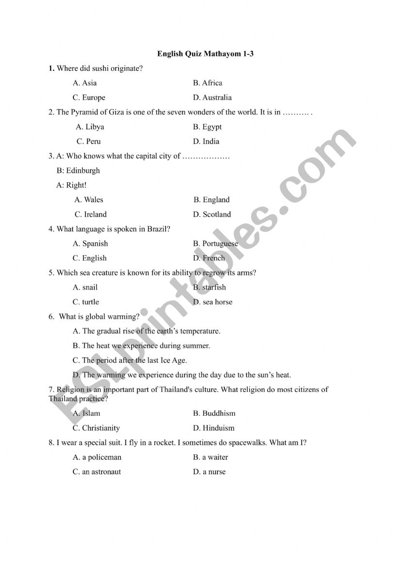 English quiz worksheet