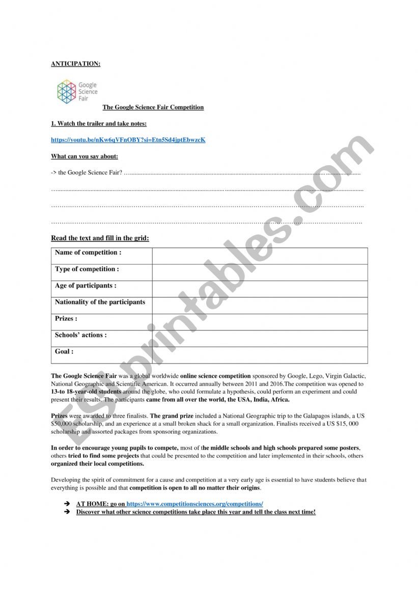 Google Science Fair worksheet