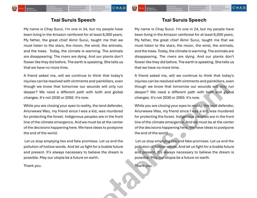 Speech Sample worksheet