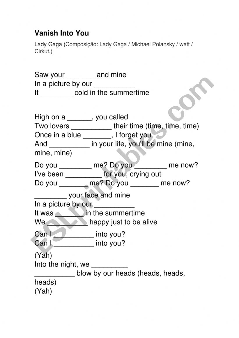 Vanish into you - Lady Gaga worksheet