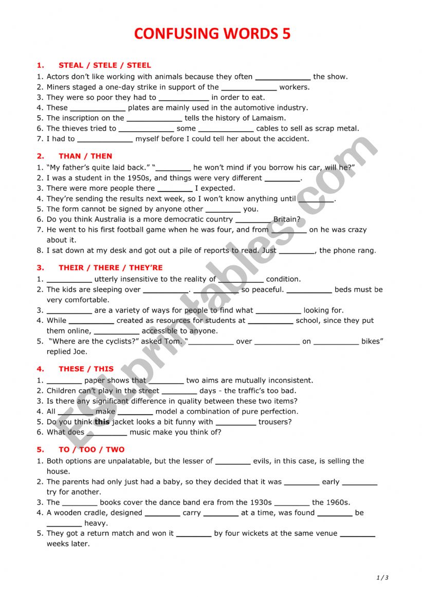 Confusing words 5 worksheet
