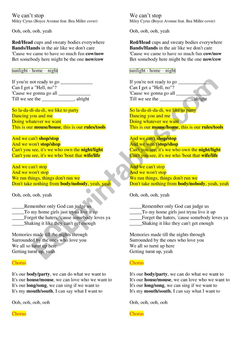 We cant stop  song worksheet