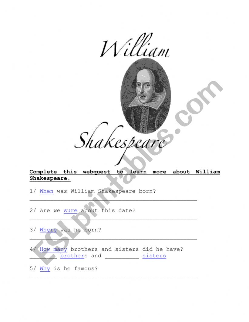 Shakespeare webquest worksheet