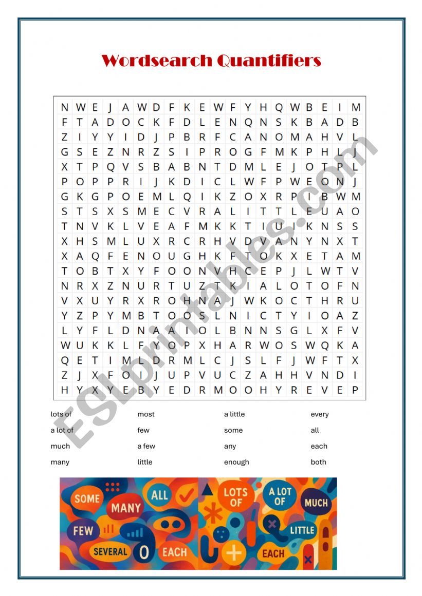 Quantifiers Wordsearch worksheet