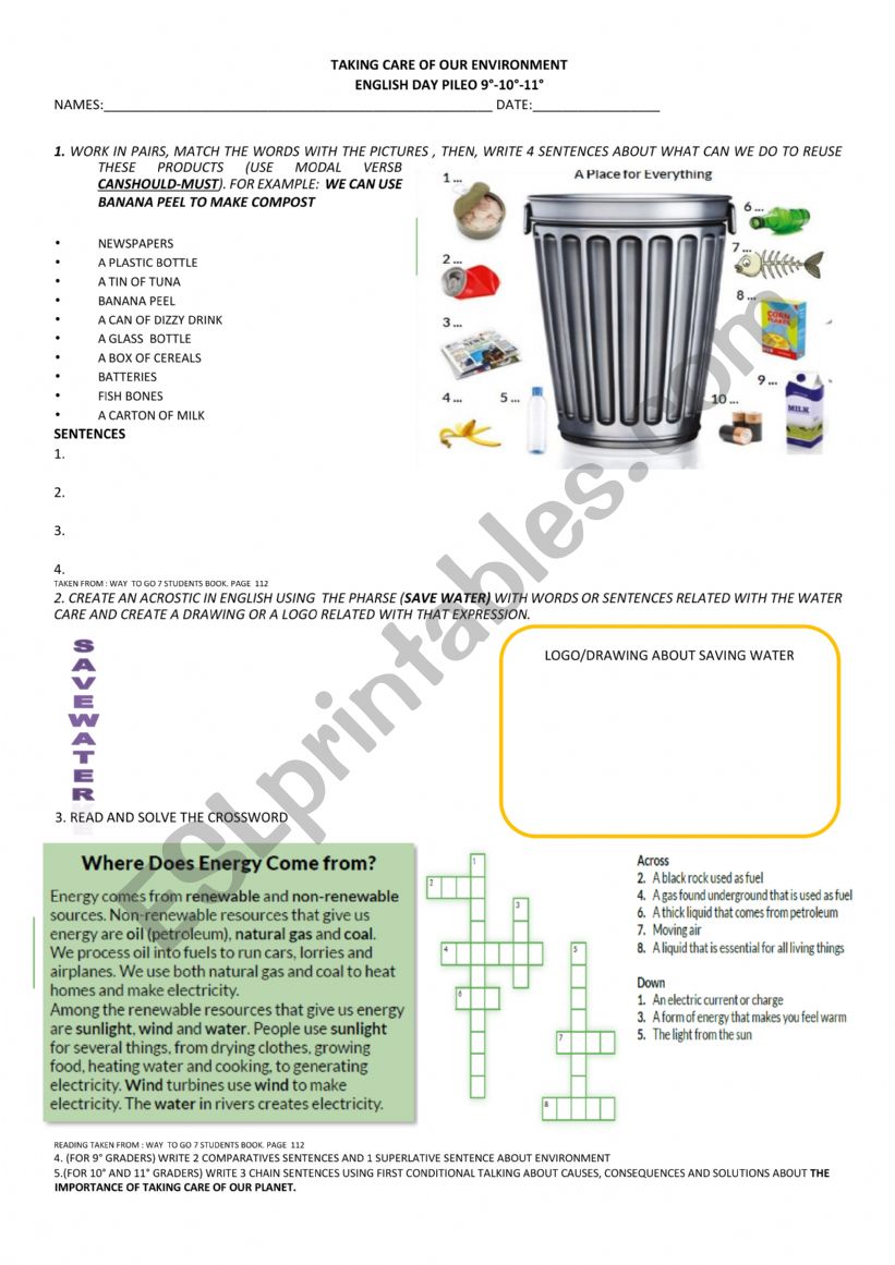 TAKING CARE THE ENVIRONMENT worksheet