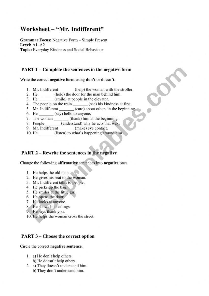 Mr Indifferent Worksheet    worksheet