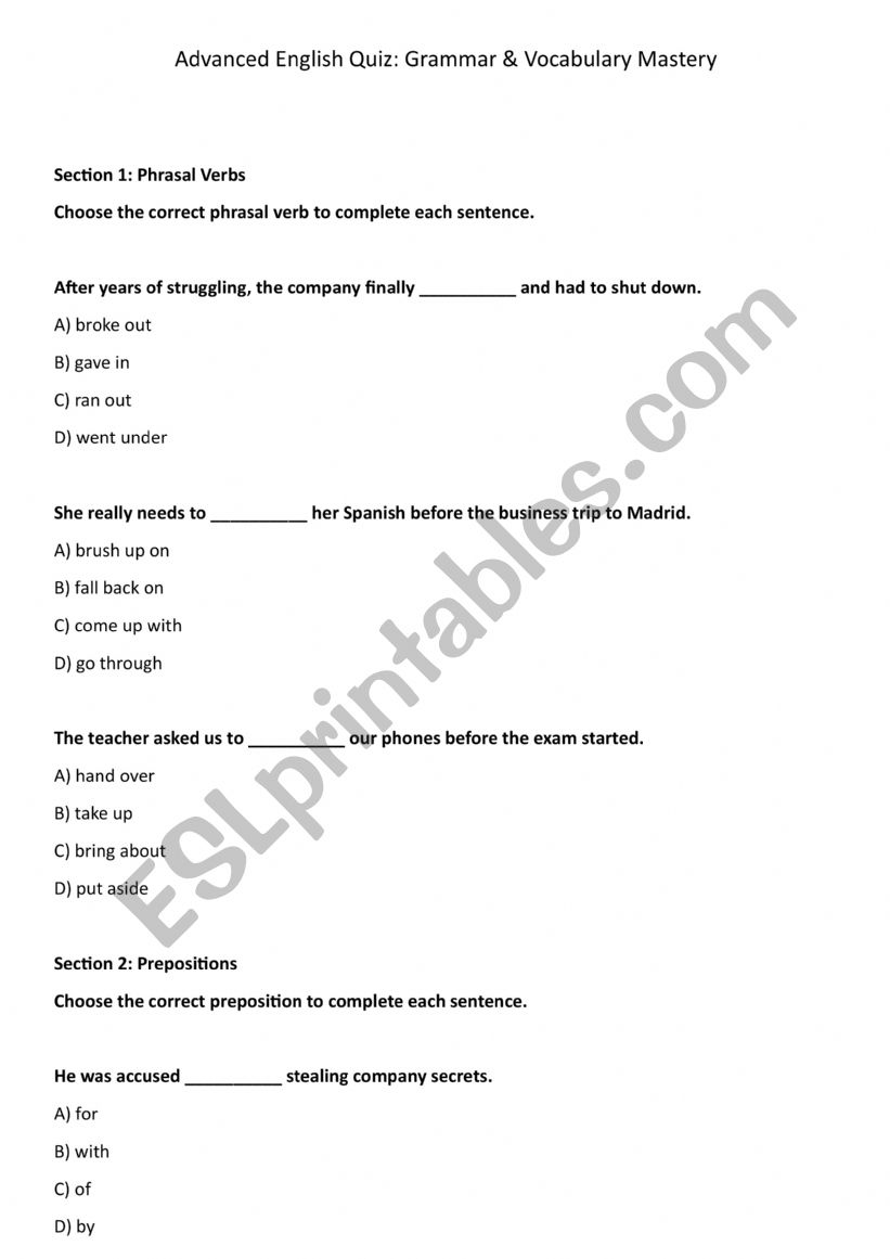 Advanced grammar and vocabulary quiz