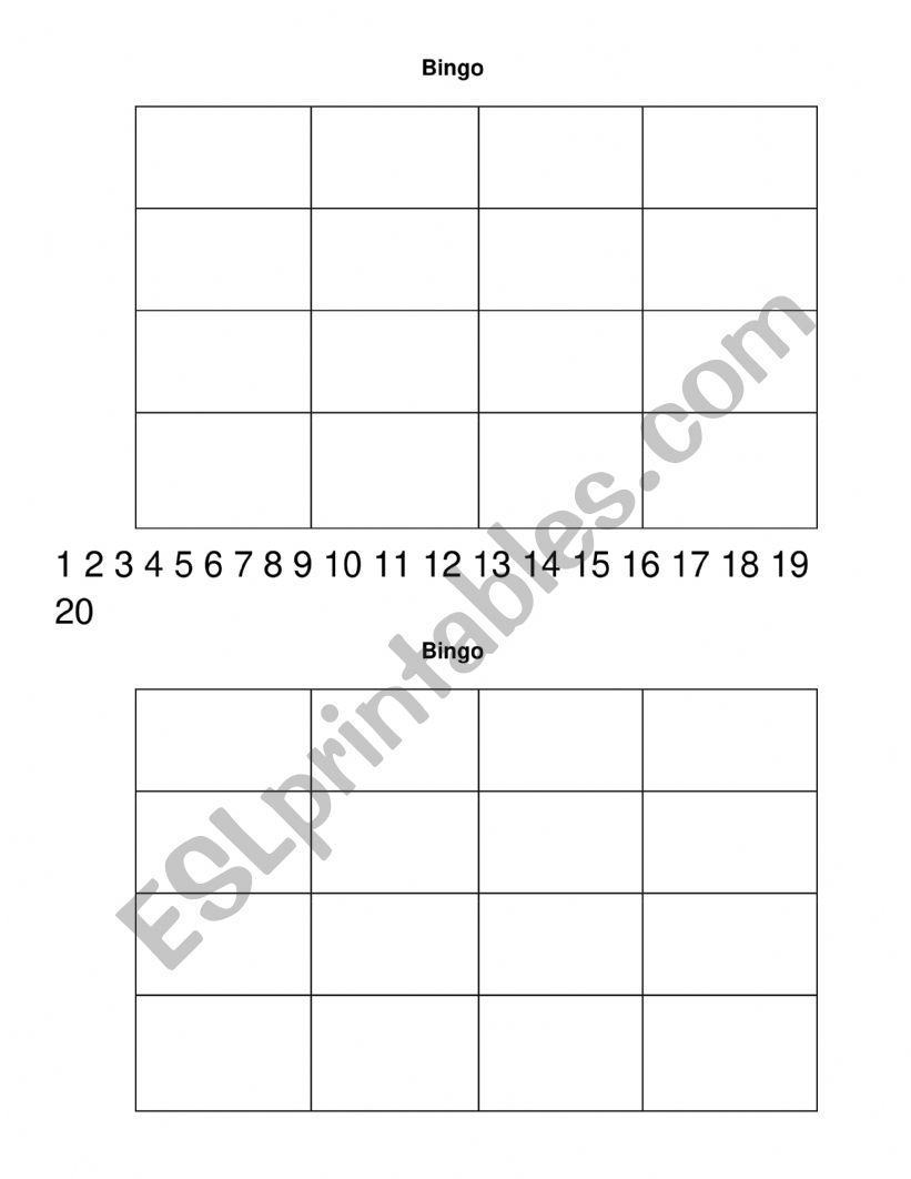 Numbers bingo worksheet