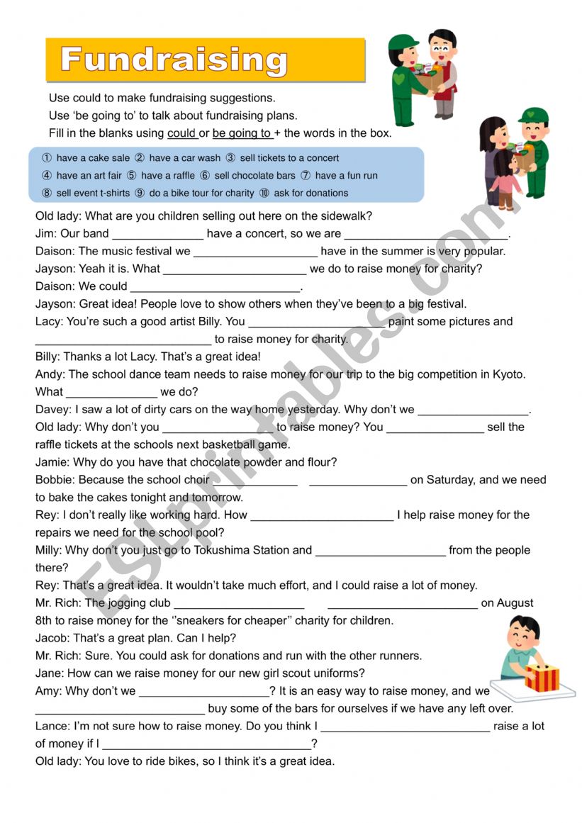 Fundraising vocab fill in the blanks with could for suggestions or going to for plans