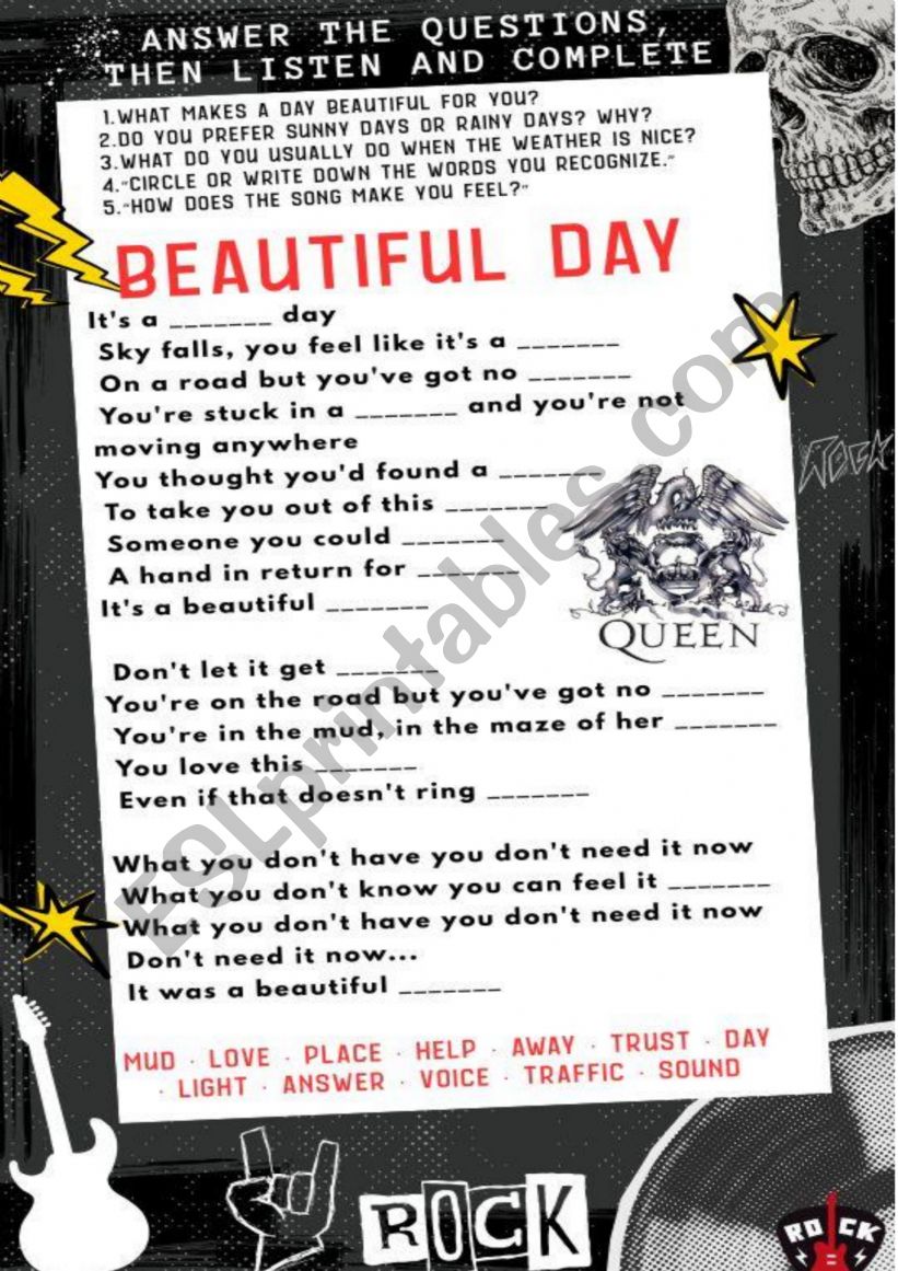 Beautiful day song worksheet
