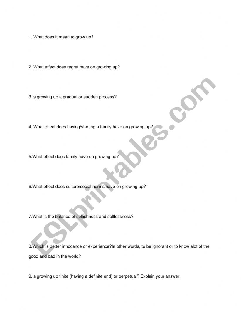 Coming of age questions  worksheet