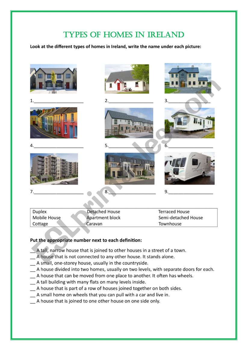 Types of homes in Ireland worksheet