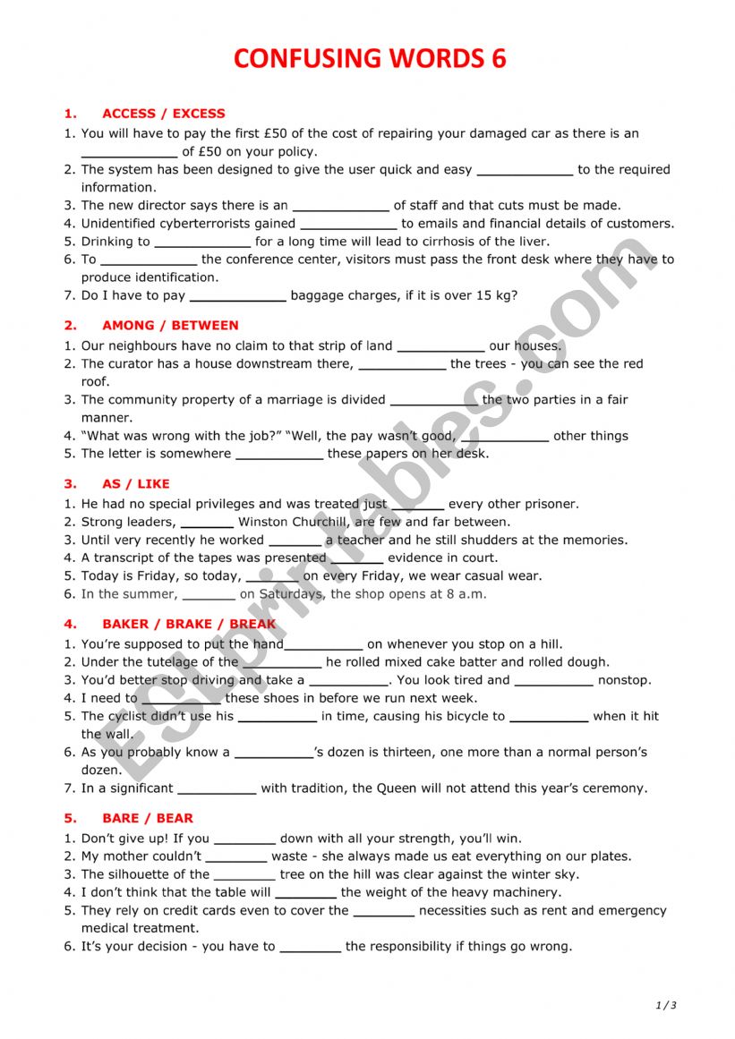 Confusing words 6 worksheet