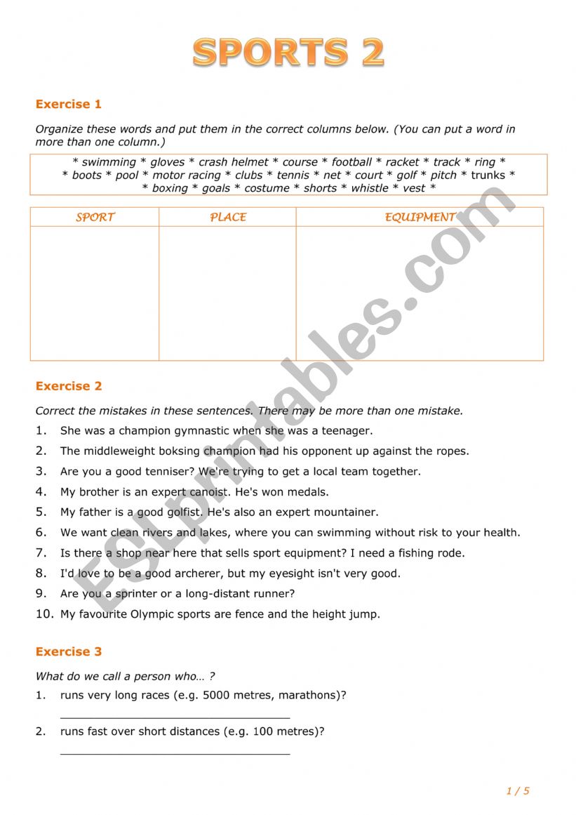 Sports 2 worksheet