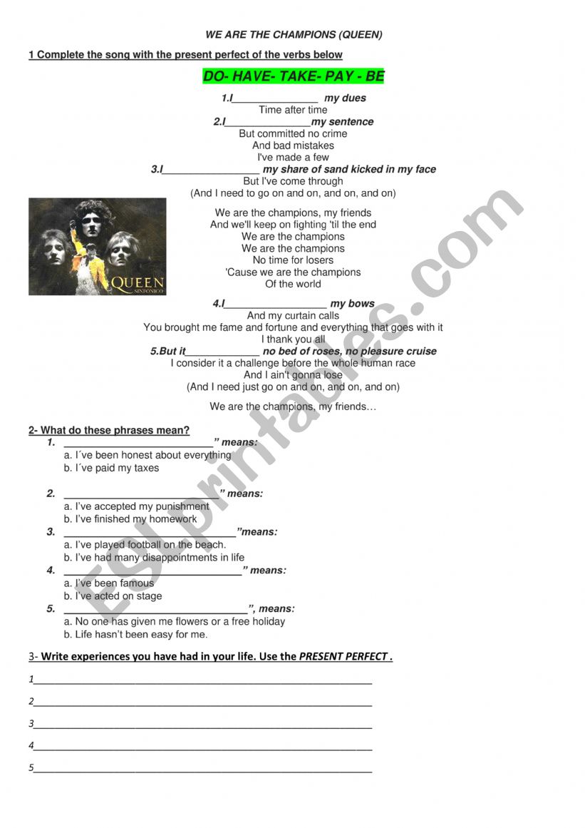 We are the champions worksheet