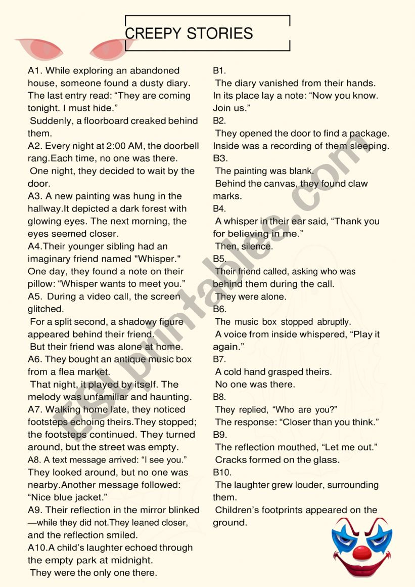 creepy stories  worksheet
