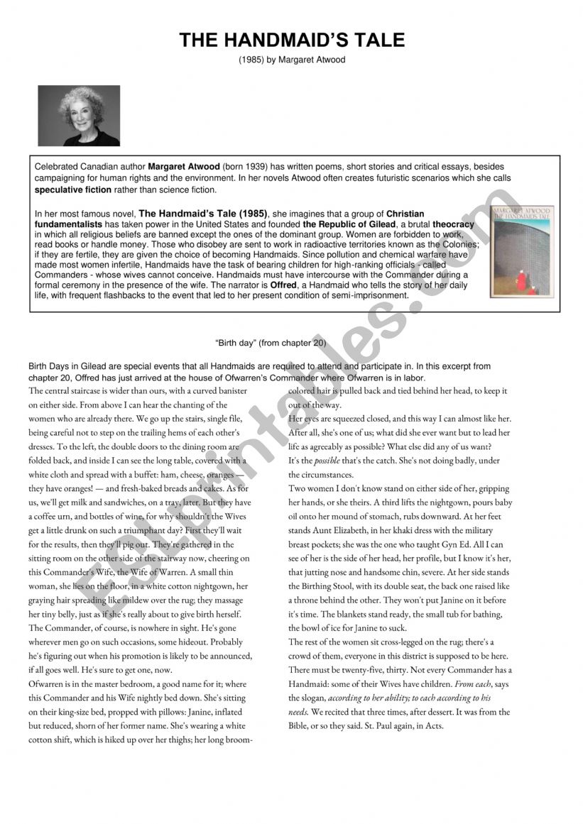 The Handmaid�s Tale by Margaret Atwood - reading comprehension, analysis and vocabulary exercise