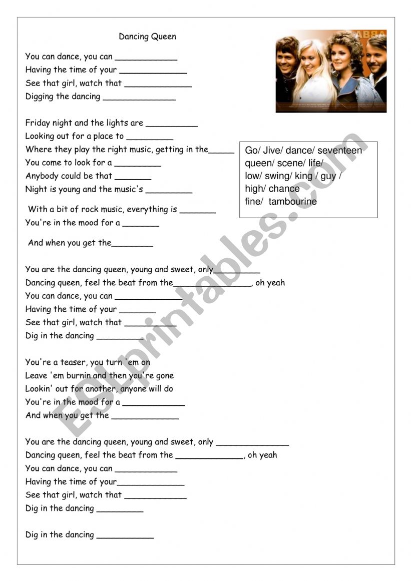 Song: Dancing Queen by ABBA worksheet