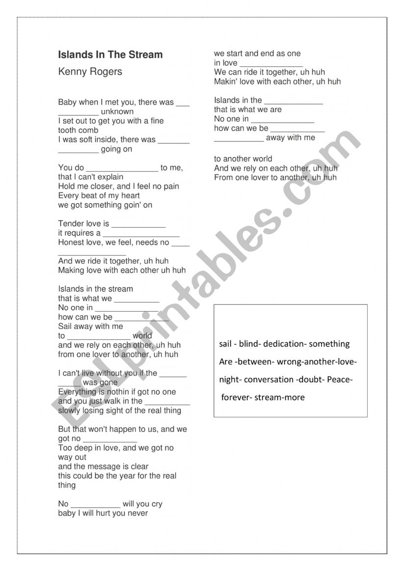 Song: Island in the Stream worksheet