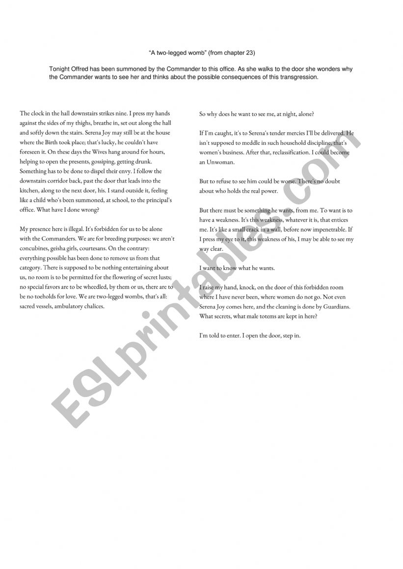 A Two-legged Womb - vocabulary and reading activity from the Handmaid�s Tale 