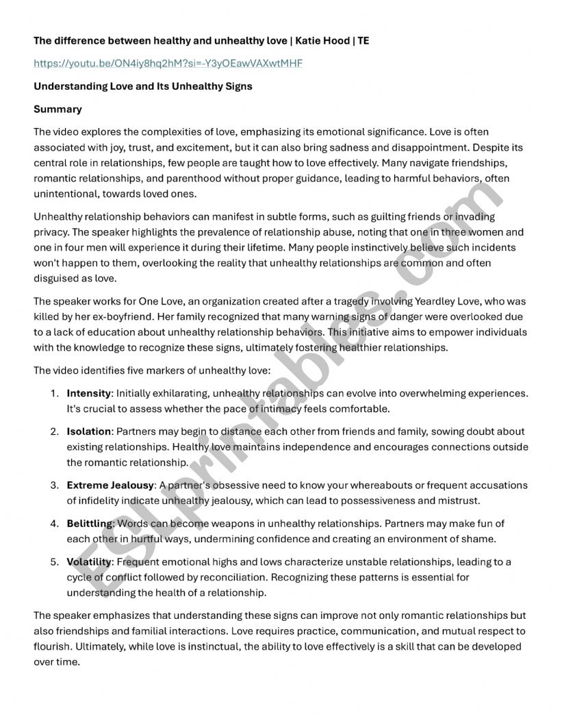 READING Understanding Love and Its Unhealthy Signs