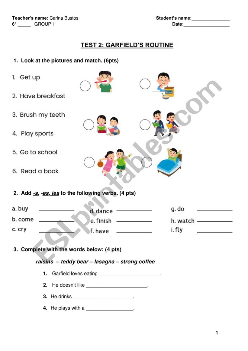 Garfield�s routine test worksheet