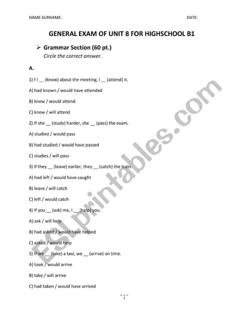 General Exam for B1 Level worksheet