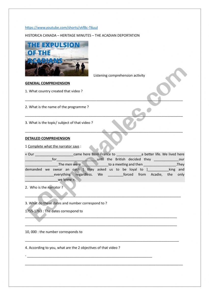  The Acadians  worksheet