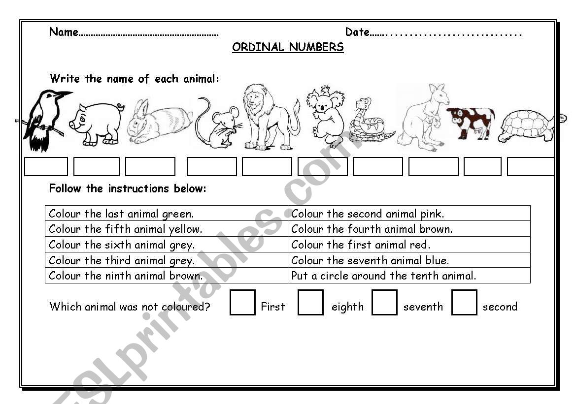 ordinal numbers worksheet