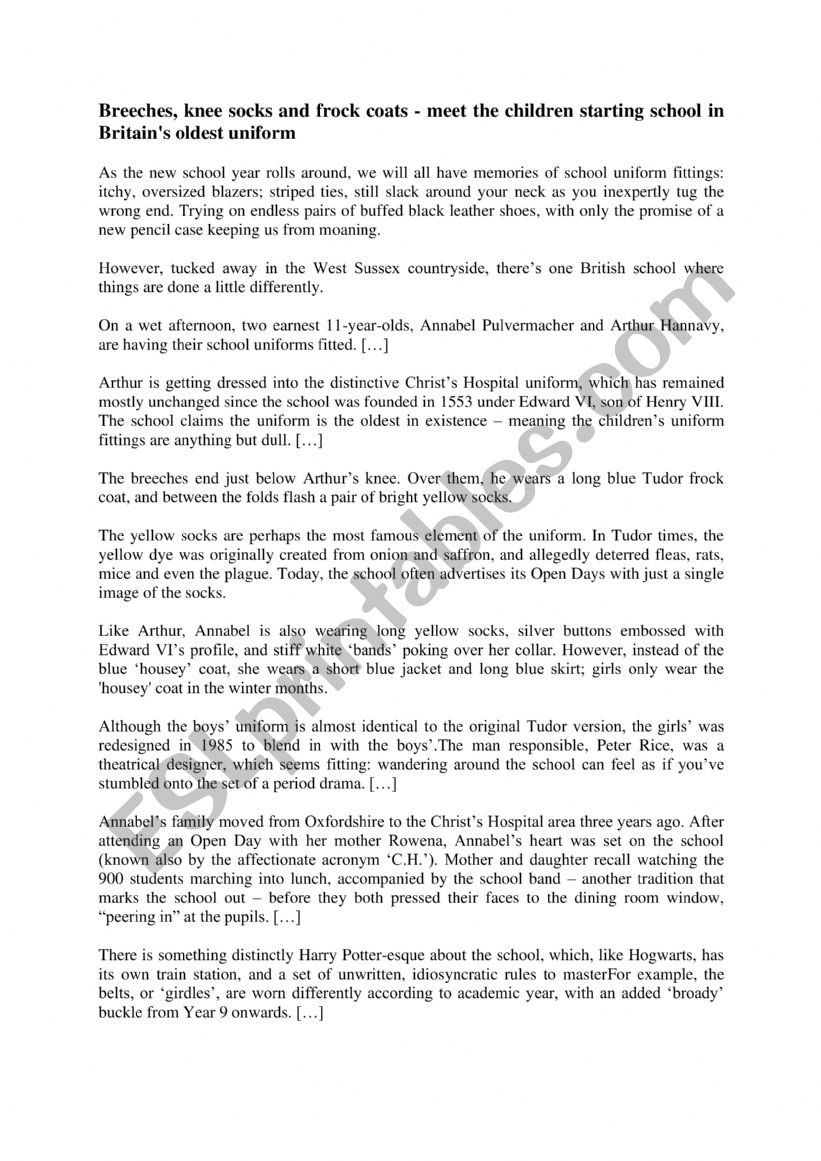 Christ�s hospital  worksheet