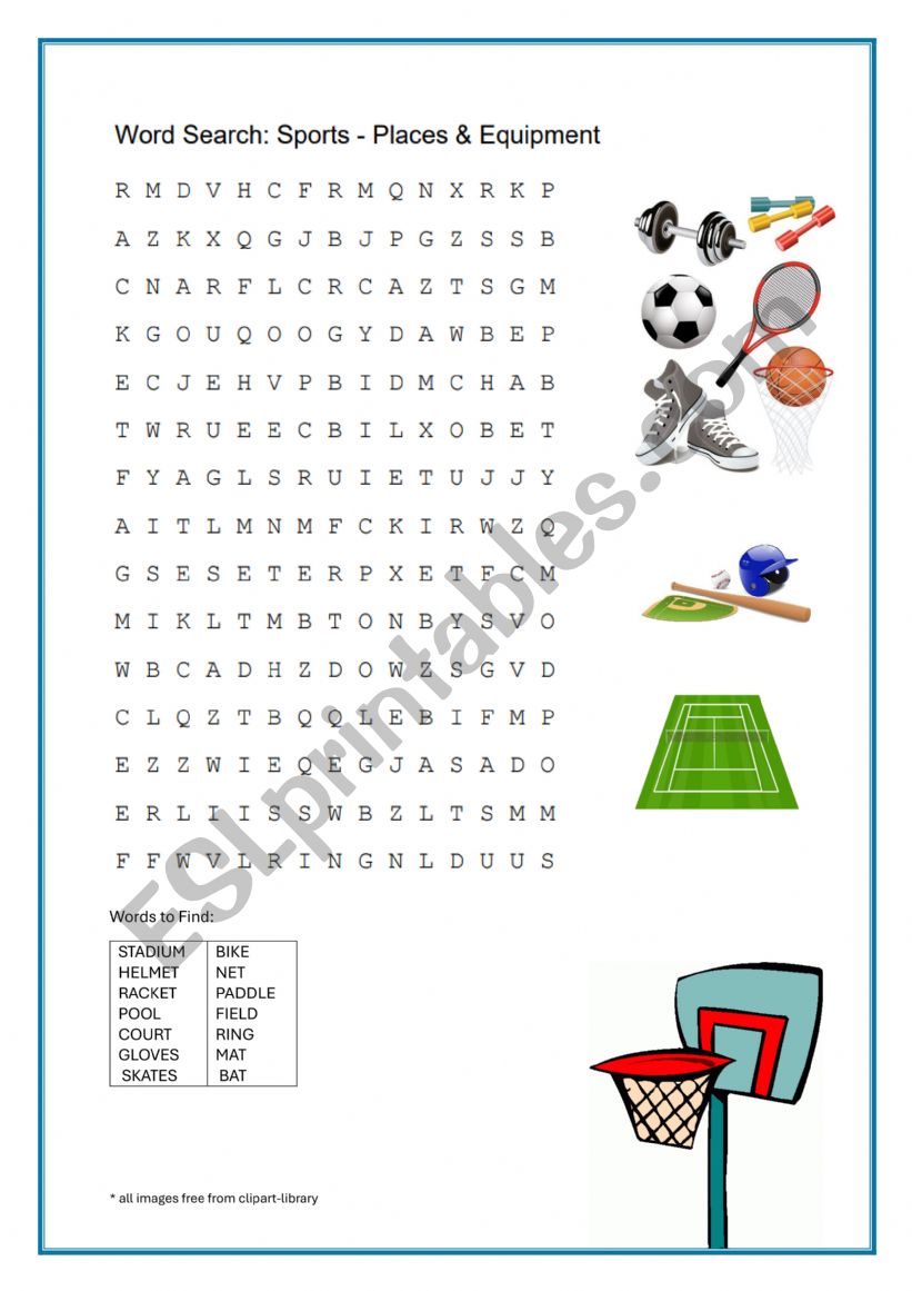 Wordsearch sports equipment and places