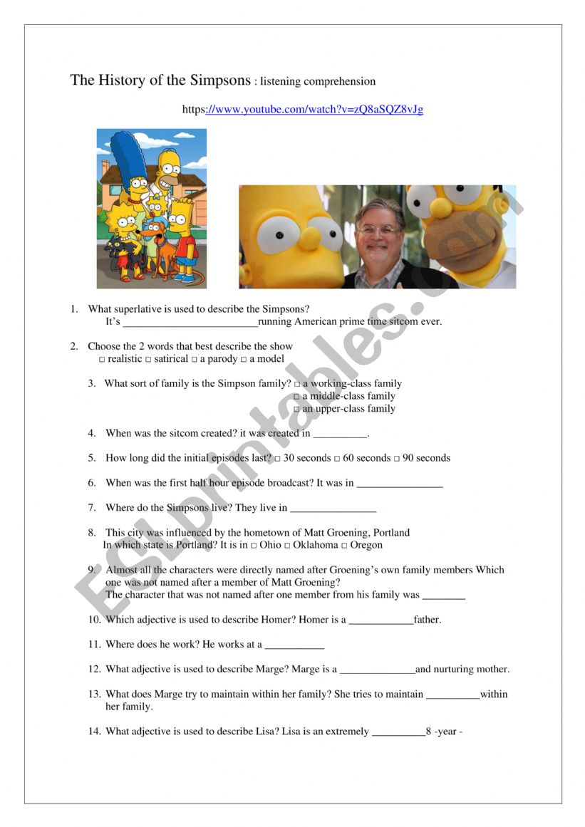 The history of the Simpsons worksheet