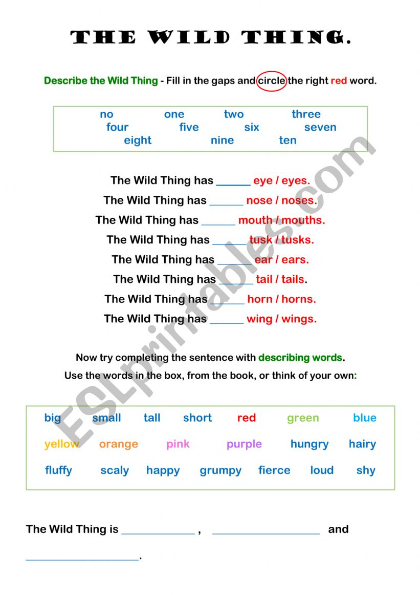 The Wild Thing - describing and drawing worksheets (Where the Wild Things Are)