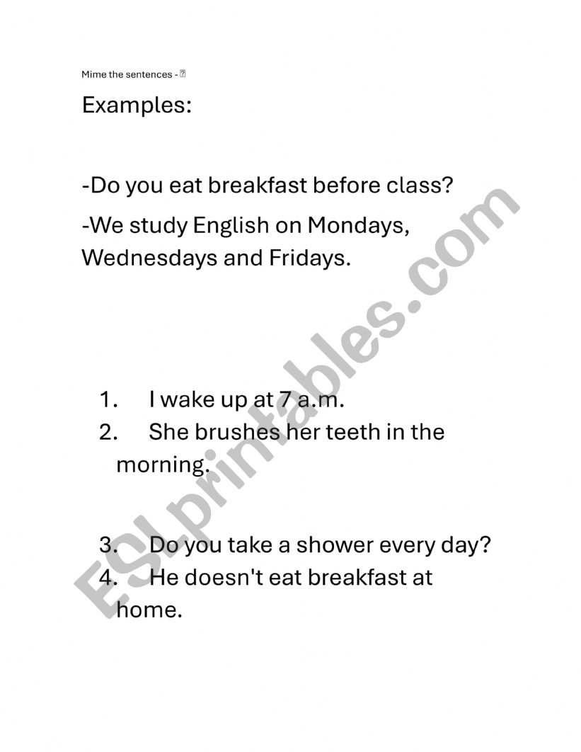 Mime game worksheet
