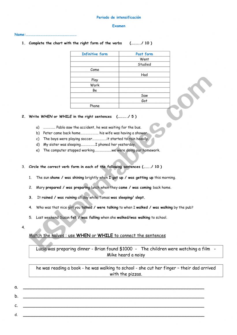 past tenses exam worksheet