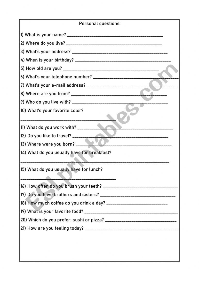 Personal questions worksheet