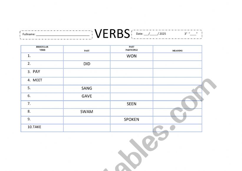 Irregular Verbs Quiz worksheet