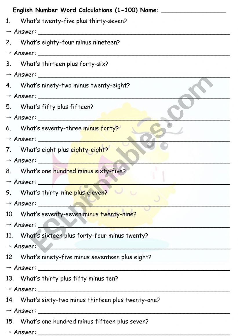 Calculation Practive worksheet