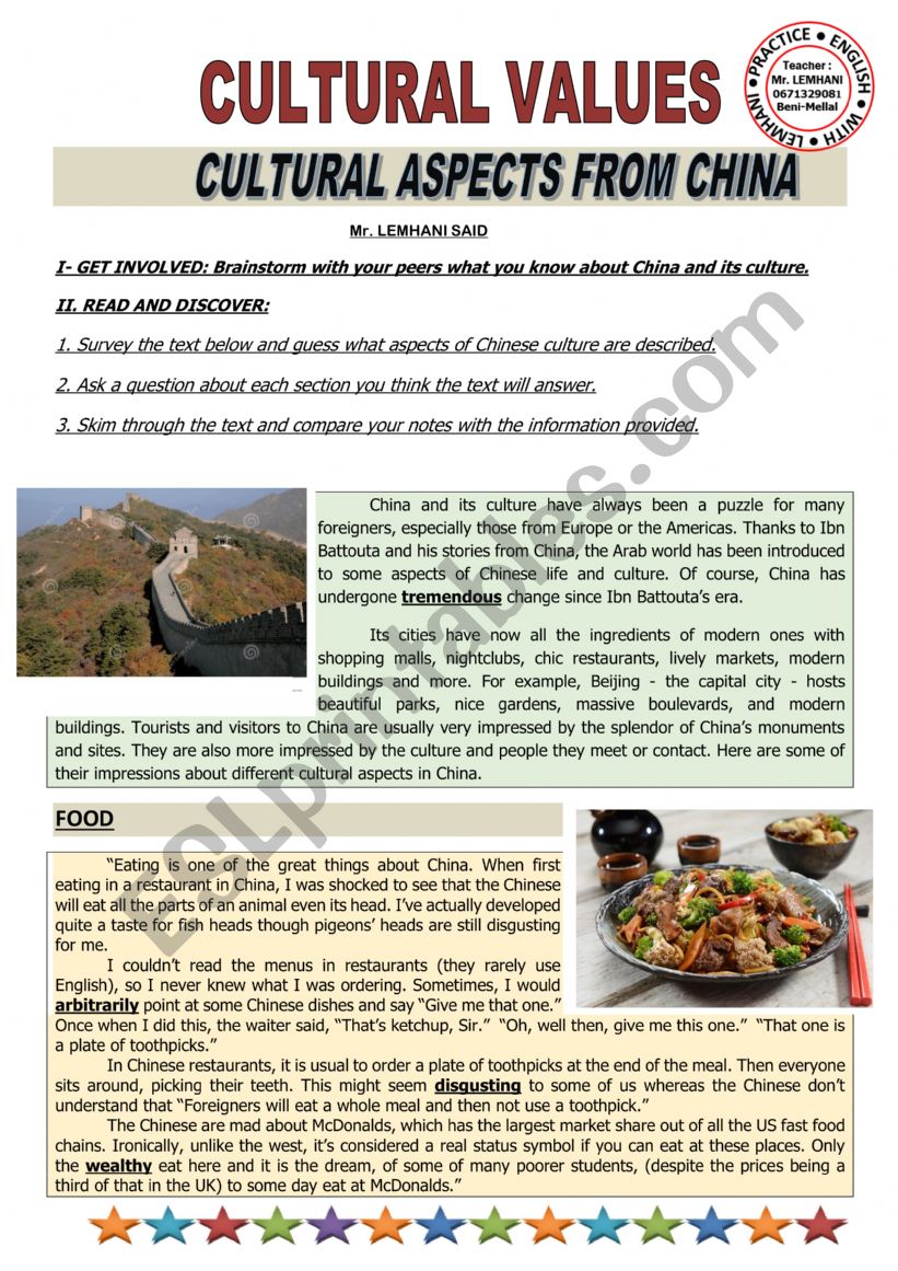 CULTURAL ASPECTS OF CHINA worksheet