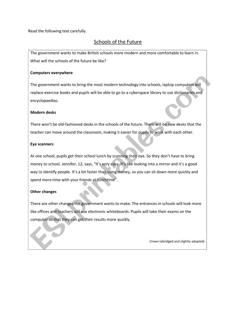 schools of the future worksheet
