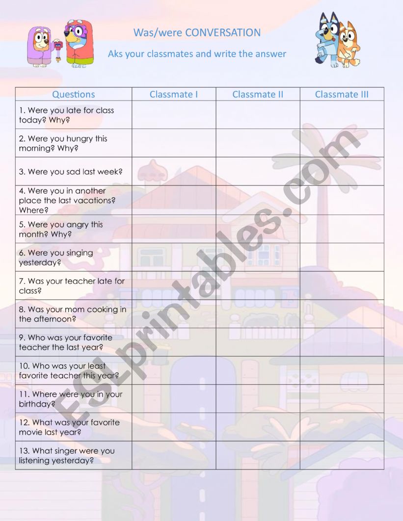 was/were conversation worksheet