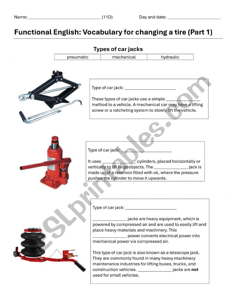 Types of car jacks (Functional English)