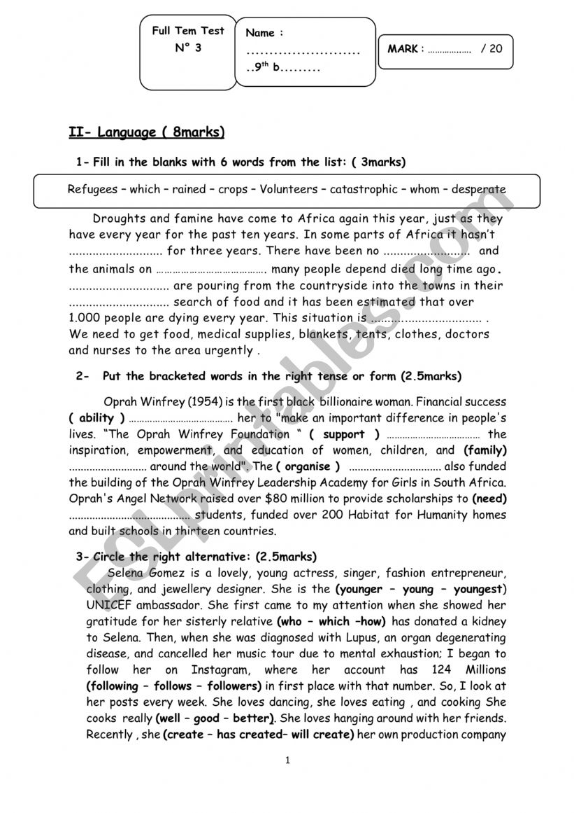 end of term test 3 9th form worksheet