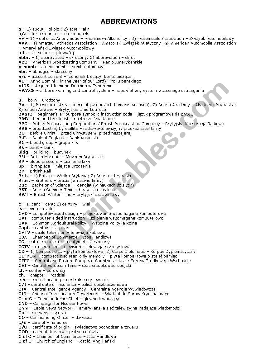 Abbreviations worksheet