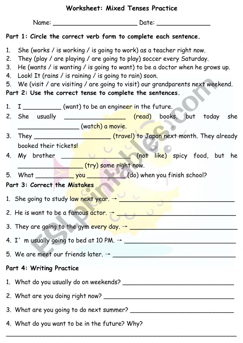 Mixed tenses worksheet