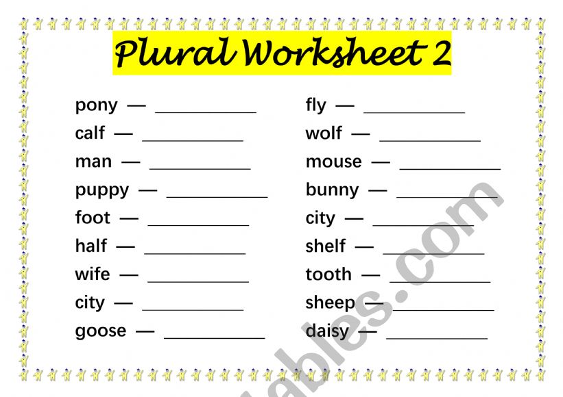 Plural Worksheet for -ies / -ves / irregular